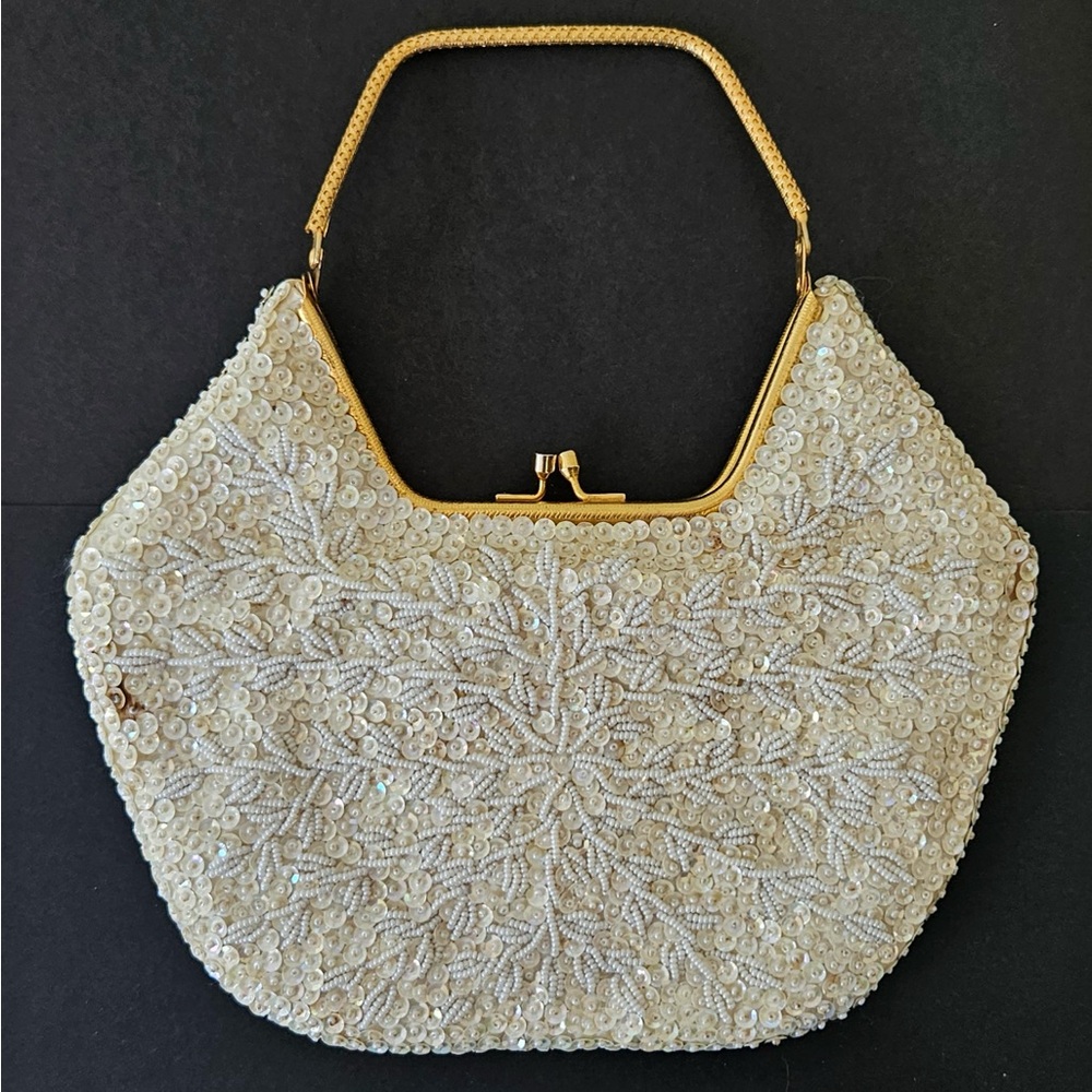 Chic Cream Beaded Clutch with Gold Handle - Picture 3 of 3